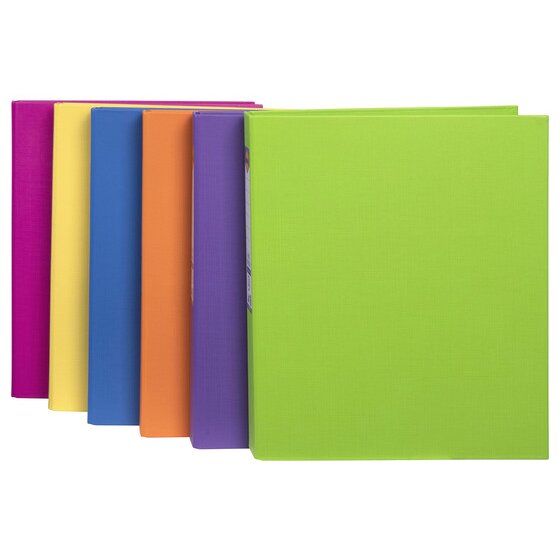 Six Marbig A4 ring binders fanned out from the front in pink, yellow, blue, orange, purple and lime