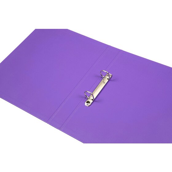Purple Marbig binder lying open to show the two D ring metal mechanism