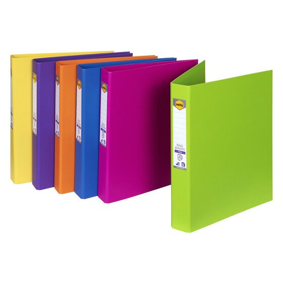 Row of Marbig Summer Colours ring binders with a lime binder in front turned to show its spine label