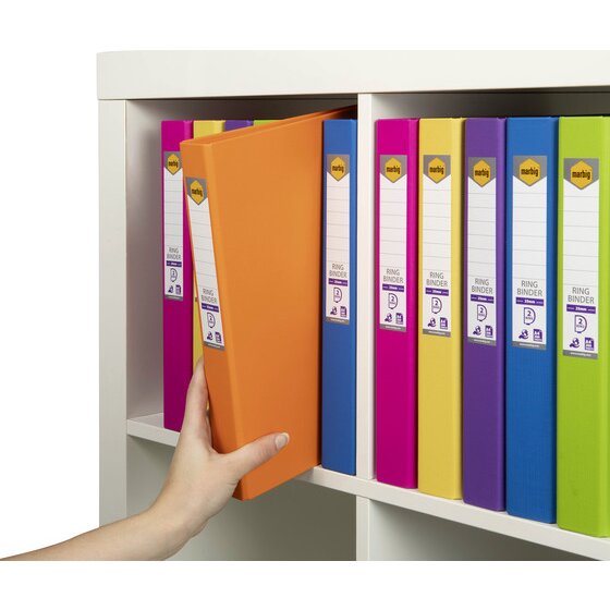 Hand taking an orange Marbig binder from a shelf of mixed colour binders with labelled spines