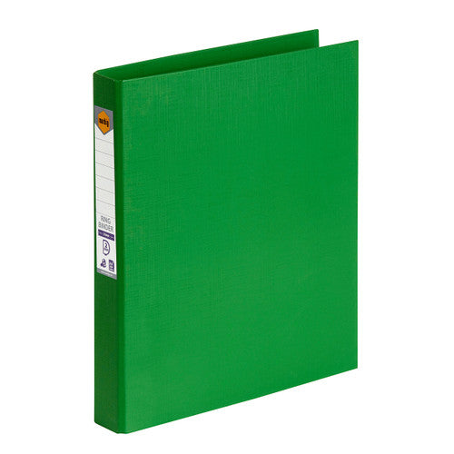 Green Marbig ring binder at an angle showing the spine label with the orange Marbig logo