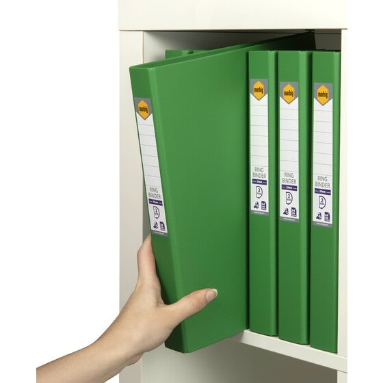 Hand taking a green Marbig binder from a shelf of green binders with labelled spines