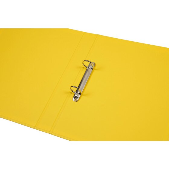 Lemon Marbig binder opened flat showing the two D rings on the metal rail
