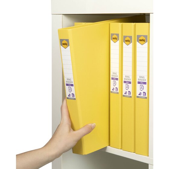 Hand reaching for a lemon Marbig binder on a shelf of matching yellow binders with printed spine labels