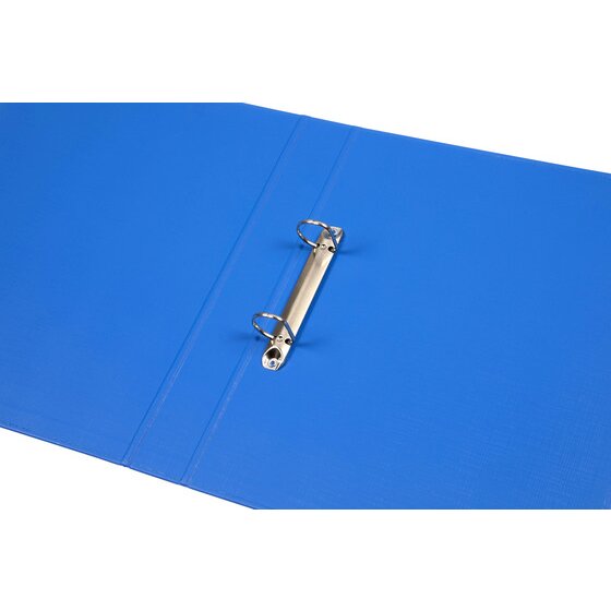 Marine blue Marbig binder spread open to show a two D ring mechanism riveted to the spine