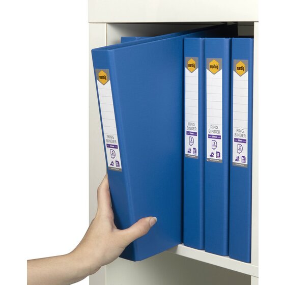 Hand removing a marine blue Marbig binder from a shelf of blue binders labelled 25mm, 2 ring and 200 sheets