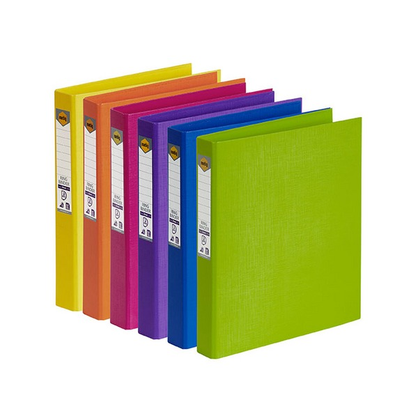 Six Marbig 25mm ring binders standing in a row in yellow, orange, pink, purple, blue and lime, each with a printed spine label