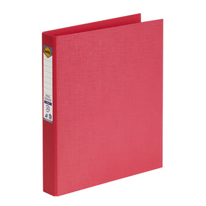 Coral Marbig 25mm ring binder at a three quarter angle with a white labelled spine and the orange Marbig logo
