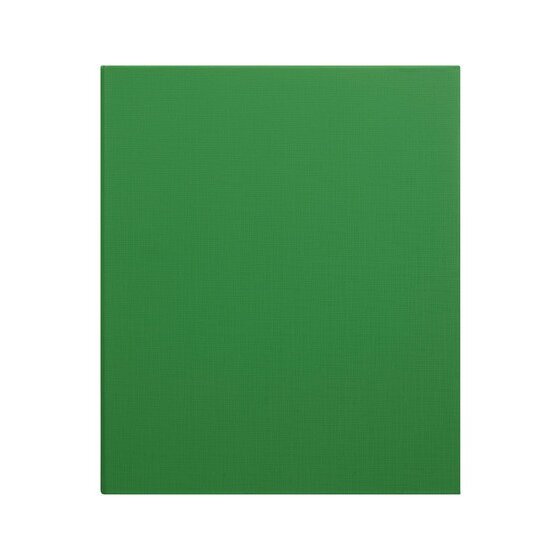 Front cover of a mid green Marbig 25mm A4 ring binder, plain with a fine woven texture