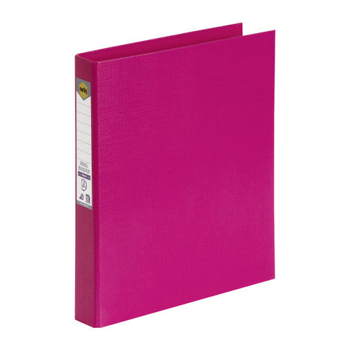 Pink Marbig 25mm ring binder standing at an angle with a white ruled spine label and the Marbig logo