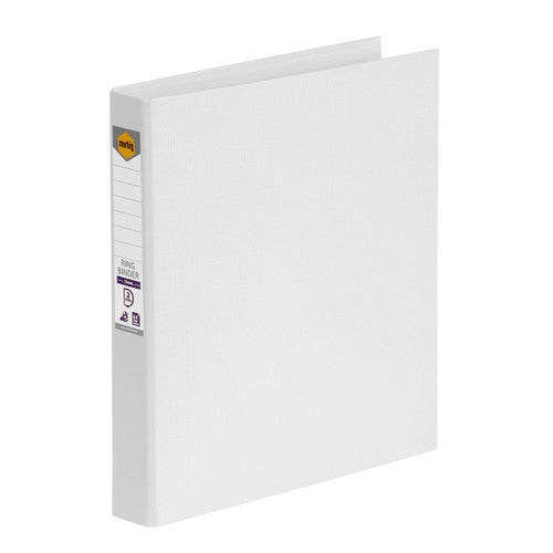 White Marbig A4 ring binder at an angle, showing the ruled white spine label and orange Marbig logo