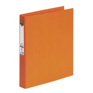 Orange Marbig polyethylene ring binder at an angle with a ruled white spine label and the Marbig logo