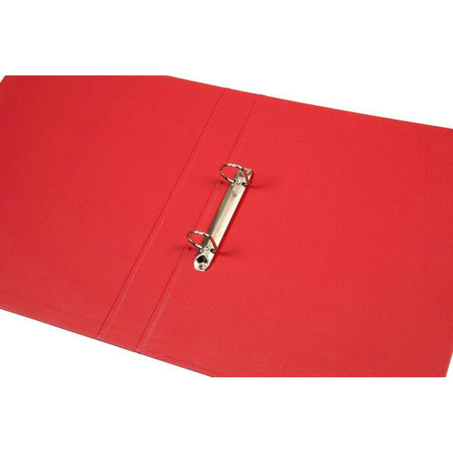 Red Marbig A4 ring binder opened flat showing two rings on the metal rail across the spine