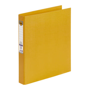 Yellow Marbig ring binder standing at an angle with a white ruled spine label and the Marbig logo at the top