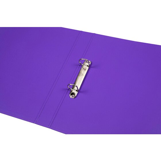 Purple Marbig binder lying open with two D rings on a metal mechanism along the inside spine