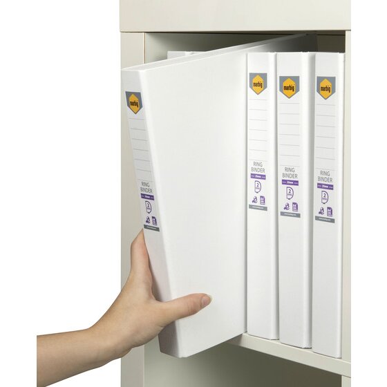 Hand taking a white Marbig binder from a shelf of white binders labelled 25mm, 2 ring and 200 sheets