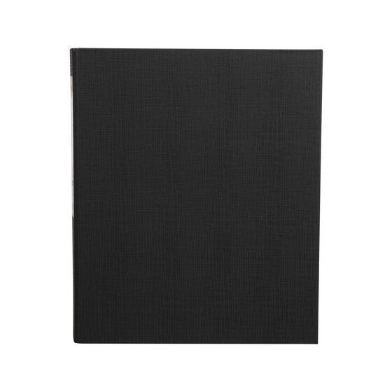 Front cover of the black Marbig 25mm three ring binder with a fine woven polyethylene texture