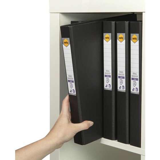Hand taking a black Marbig binder from a shelf of black binders with spine labels reading 25mm and 3 ring