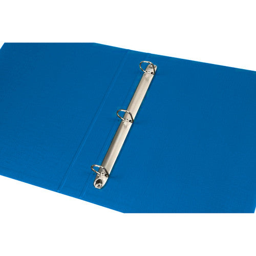 Blue Marbig binder opened flat showing three D rings on a metal mechanism fixed to the spine