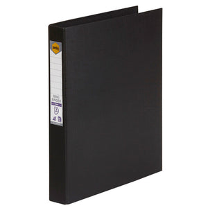 Black Marbig A4 ring binder at an angle showing the white spine label with the Marbig logo and ruled lines