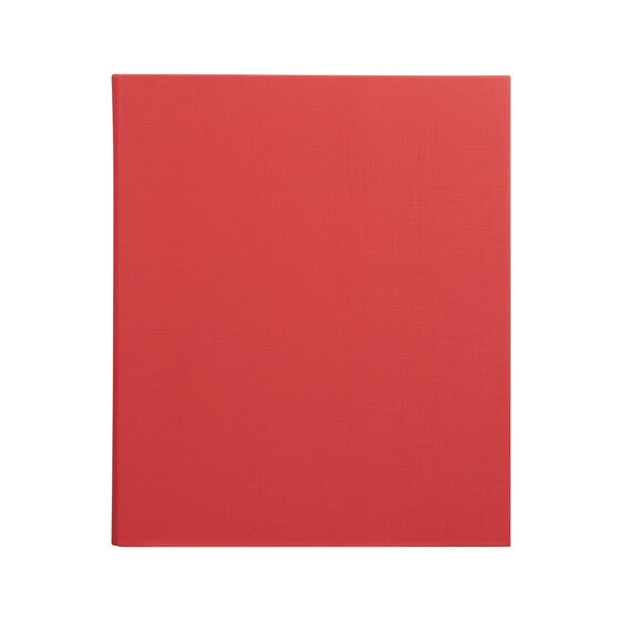 Front view of the red Marbig 25mm polyethylene binder cover with a woven texture