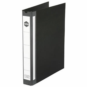 A black Marbig Deluxe A4 ring binder standing at an angle with the front cover ajar, showing a white spine label panel carrying the marbig hexagon logo.