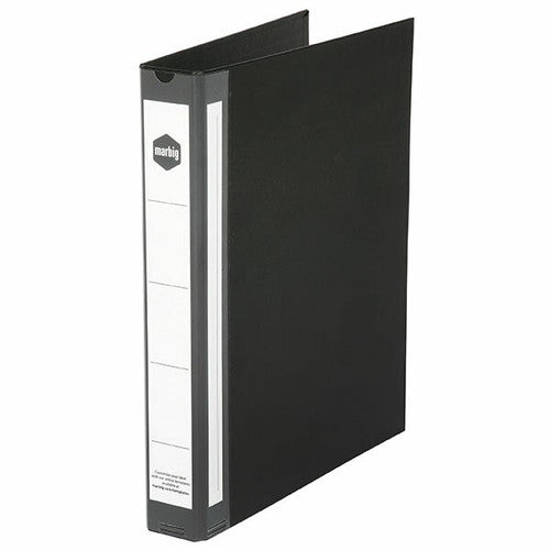 A black Marbig Deluxe A4 ring binder standing at an angle with the front cover ajar, showing a white spine label panel carrying the marbig hexagon logo.
