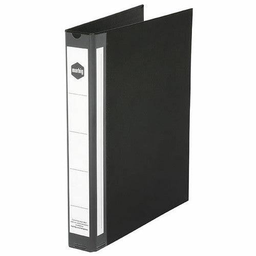 A black Marbig Deluxe A4 ring binder standing upright with the front cover ajar, showing a wide white spine label panel carrying the marbig hexagon logo.