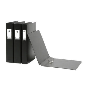 Three black Marbig Deluxe ring binders standing upright with white spine label panels, and a fourth opened out flat beside them showing its metal ring rail, on white.