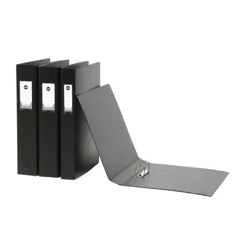 Three black Marbig Deluxe ring binders standing upright with white spine label panels, and a fourth opened out flat beside them showing its metal ring rail, on white.