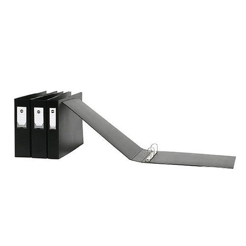 Black Marbig Deluxe ring binders standing together with white spine label panels, with a further binder opened out flat in front showing the metal ring rail.