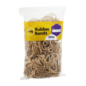 Clear Marbig 500g bag of natural rubber bands with the yellow Rubber Bands label and the purple size panel left blank