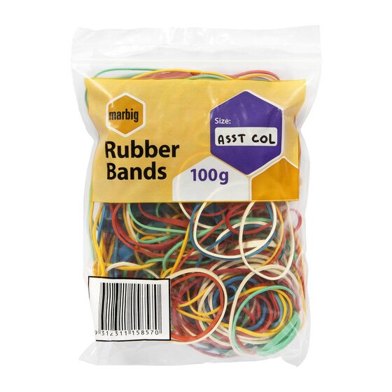 Marbig 94699100 clear pack of assorted colour rubber bands with a yellow label, size panel reading ASST COL and 100g, barcode at the bottom