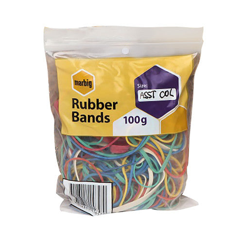 Angled view of a Marbig 100g rubber band pack marked ASST COL, filled with red, blue, green, yellow and white bands
