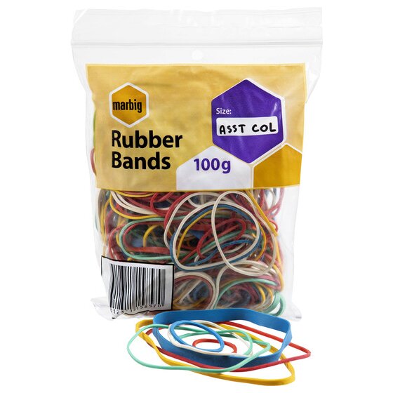 Marbig assorted colour 100g rubber band pack with loose blue, red, yellow and green bands of different sizes in front