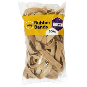 Marbig 945109500B clear bag of broad natural rubber bands with a yellow label reading Rubber Bands, Size 109, 500g