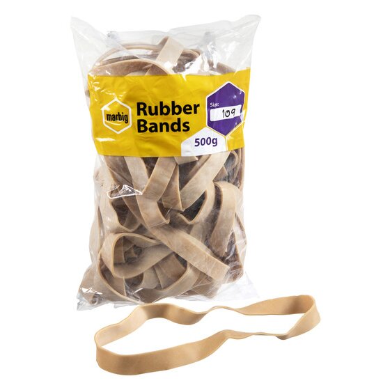 Marbig size 109 rubber band bag with the purple size panel marked 109 and one broad loose band lying in front