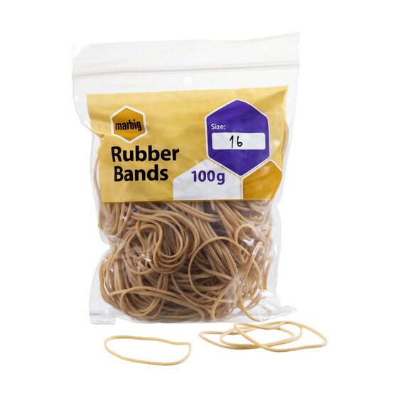 Marbig 94516100B clear bag of natural rubber bands with a yellow Rubber Bands label, size panel reading 16 and 100g, loose bands in front