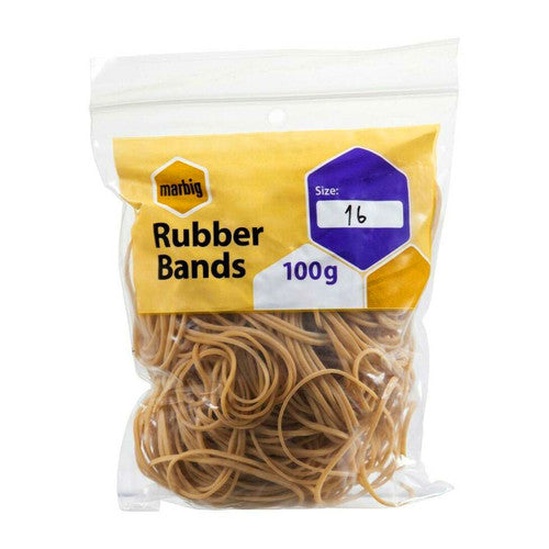 Front of a Marbig 100g rubber band bag with the purple size panel filled in as 16 and natural coloured bands inside