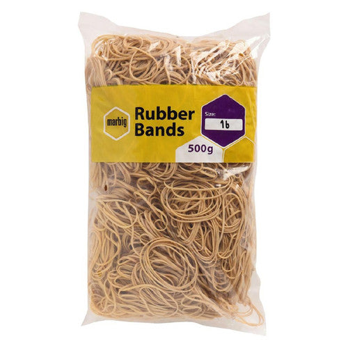 Marbig 94516500B clear bag packed with fine natural rubber bands and a yellow label reading Rubber Bands, Size 16, 500g
