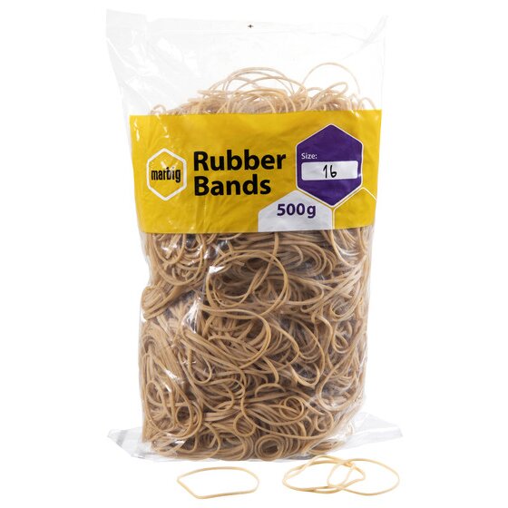 Bag of Marbig size 16 rubber bands with the size panel marked 16 and a few thin loose bands in front of it