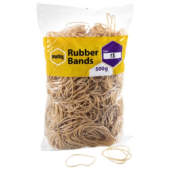Marbig 94518500B clear bag of natural rubber bands with a yellow label reading Rubber Bands, Size 18, 500g, loose bands in front