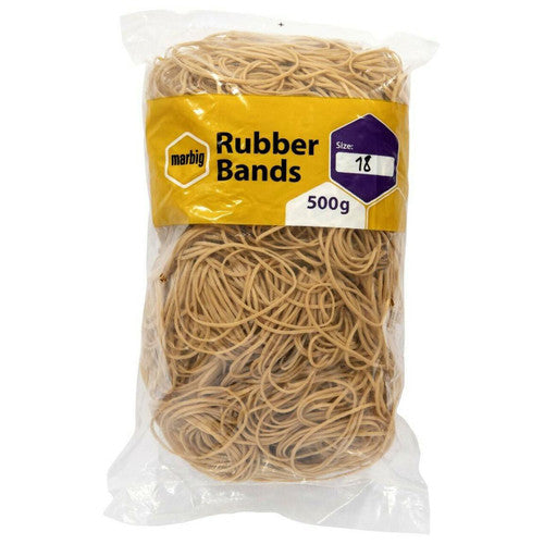 Front of a Marbig 500g rubber band bag with the yellow Rubber Bands label and the purple size panel filled in as 18