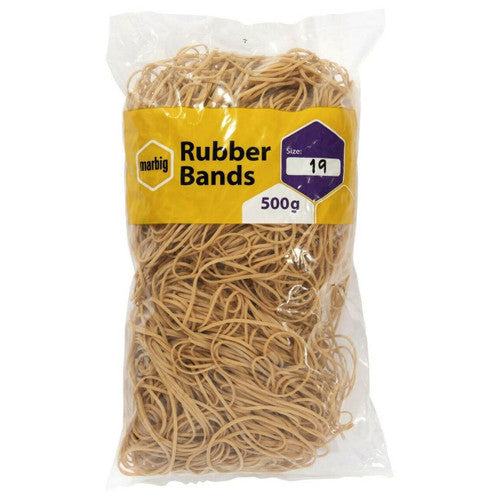 Marbig 94519500B clear bag of thin natural rubber bands with a yellow label reading Rubber Bands, Size 19, 500g