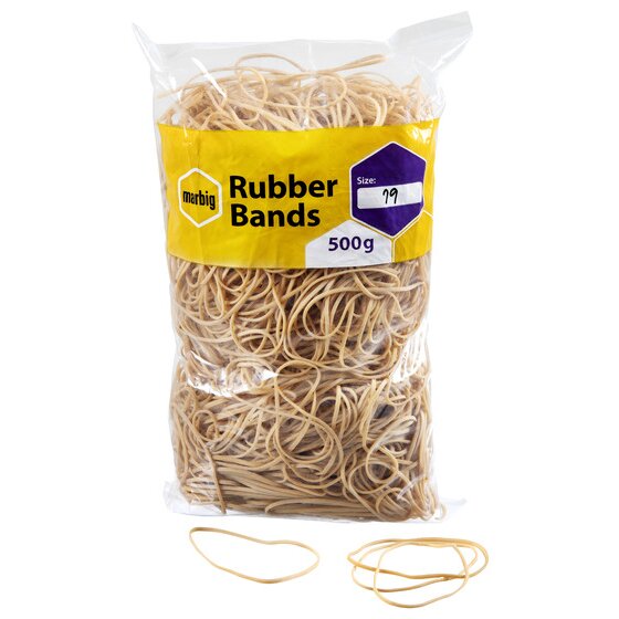 Marbig size 19 rubber band bag with the purple size panel marked 19 and loose thin bands lying in front