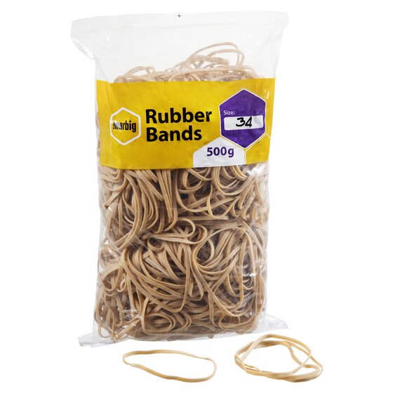 Marbig size 34 rubber band bag with the size panel marked 34 and two loose bands in front of the bag