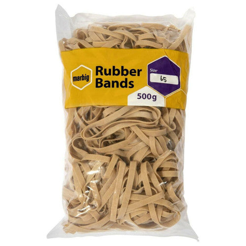 Marbig 94565500B clear bag of flat natural rubber bands with a yellow label reading Rubber Bands, Size 65, 500g