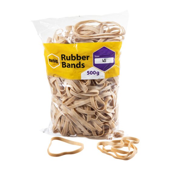 Marbig size 65 rubber band bag with the size panel marked 65 and loose flat bands lying in front