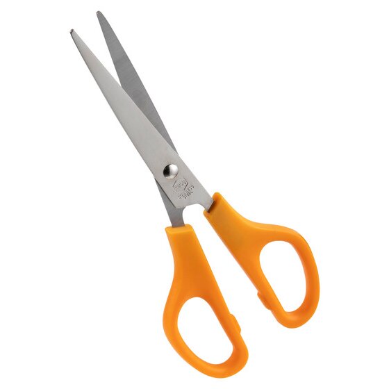 Marbig 9752326 scissors slightly open, straight pointed stainless steel blades and solid orange plastic handles on a white background
