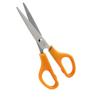 Marbig 9752326 scissors slightly open, straight pointed stainless steel blades and solid orange plastic handles on a white background
